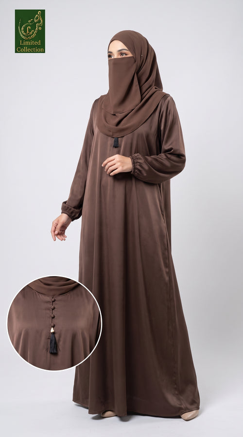 Front Open Pleated Kimono Abaya with Attached Inner & Crystal Buttons