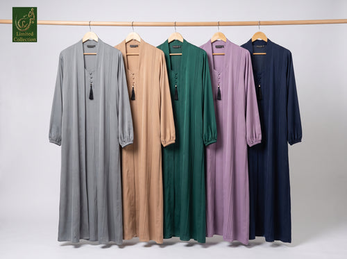 Front Open Pleated Kimono Abaya with Attached Inner & Crystal Buttons