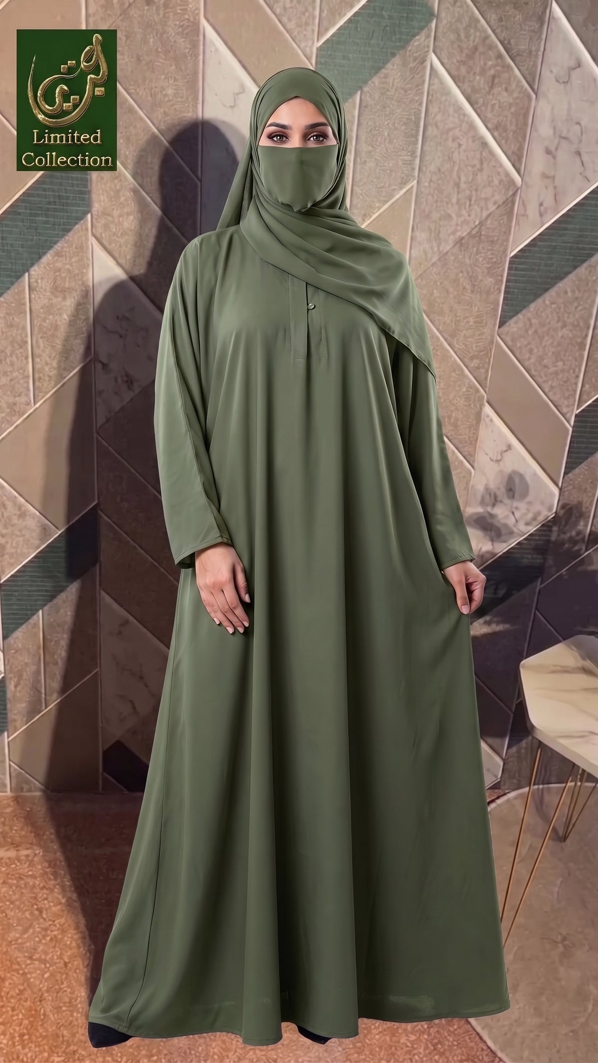 A woman wearing a front-closed plain maxi abaya. 