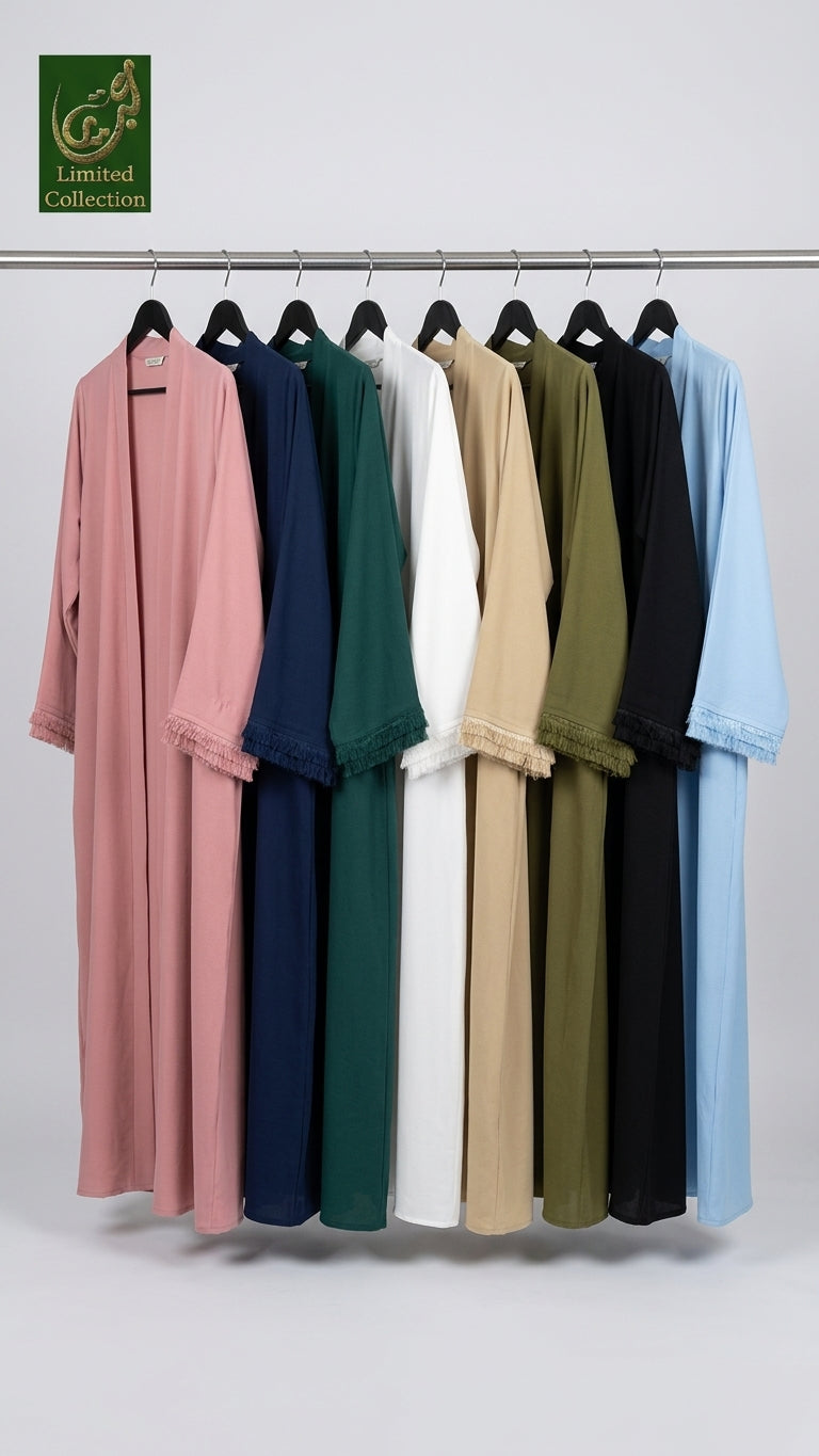 Front-Open Fringe-Cuff Abaya | Premium Romantic Nida Plain Abaya