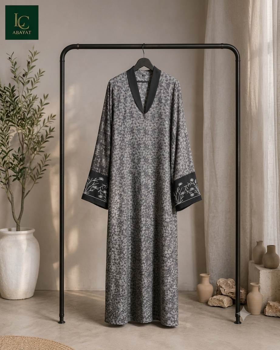 Front Open Abaya with Coat-Style Collar & Embroidered Sleeves