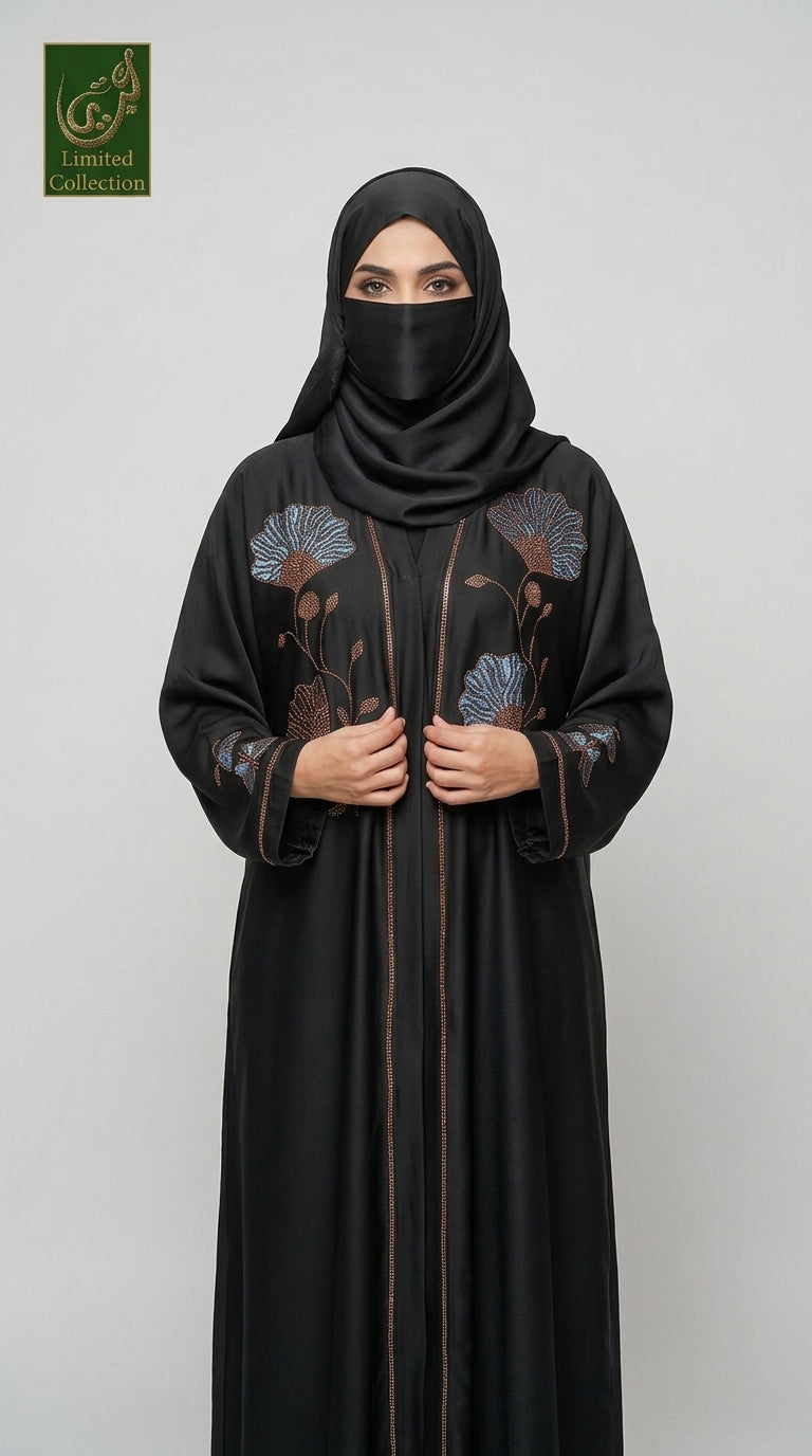 Front-Open Bloom Embroidered Stonework Abaya | Premium Romantic Nida Stone-studded Abaya