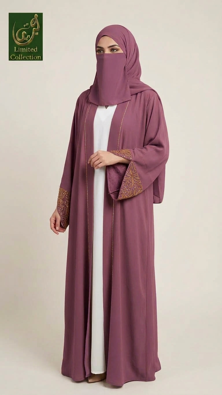 Front-Open Stonework Kimono Abaya with Separate Inner & Scarf | Premium Chiffon Stone-Studded 3 pc Set Abaya+Inner+Scarf