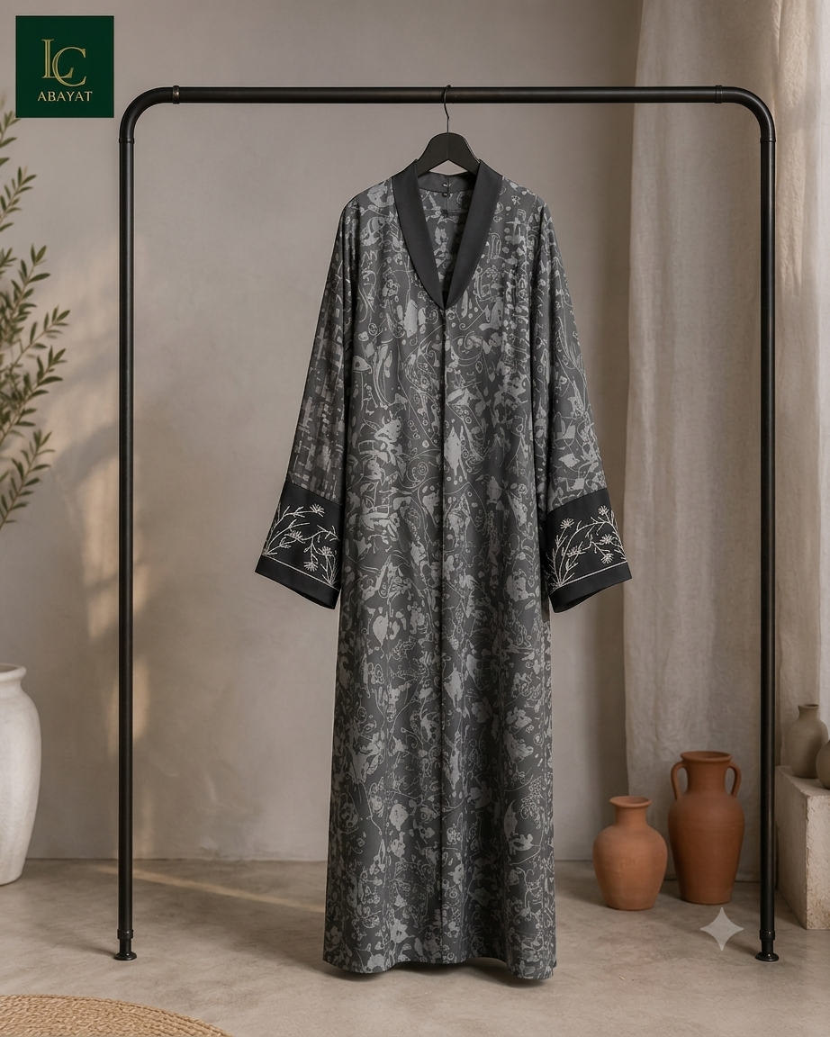 Front Open Abaya with Coat-Style Collar & Embroidered Sleeves