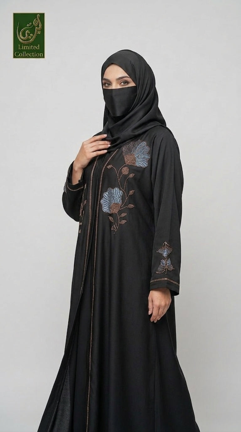 Front-Open Bloom Embroidered Stonework Abaya | Premium Romantic Nida Stone-studded Abaya