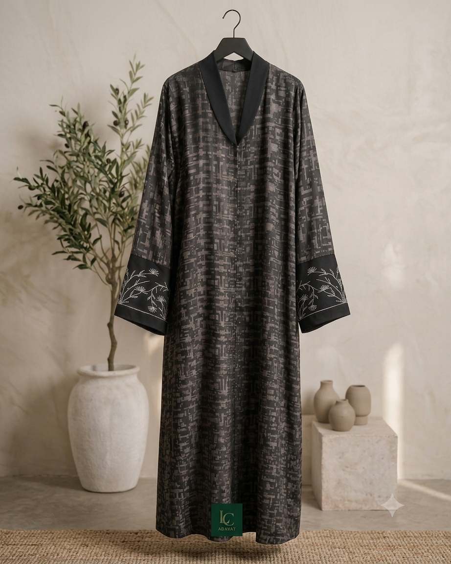 Front Open Abaya with Coat-Style Collar & Embroidered Sleeves