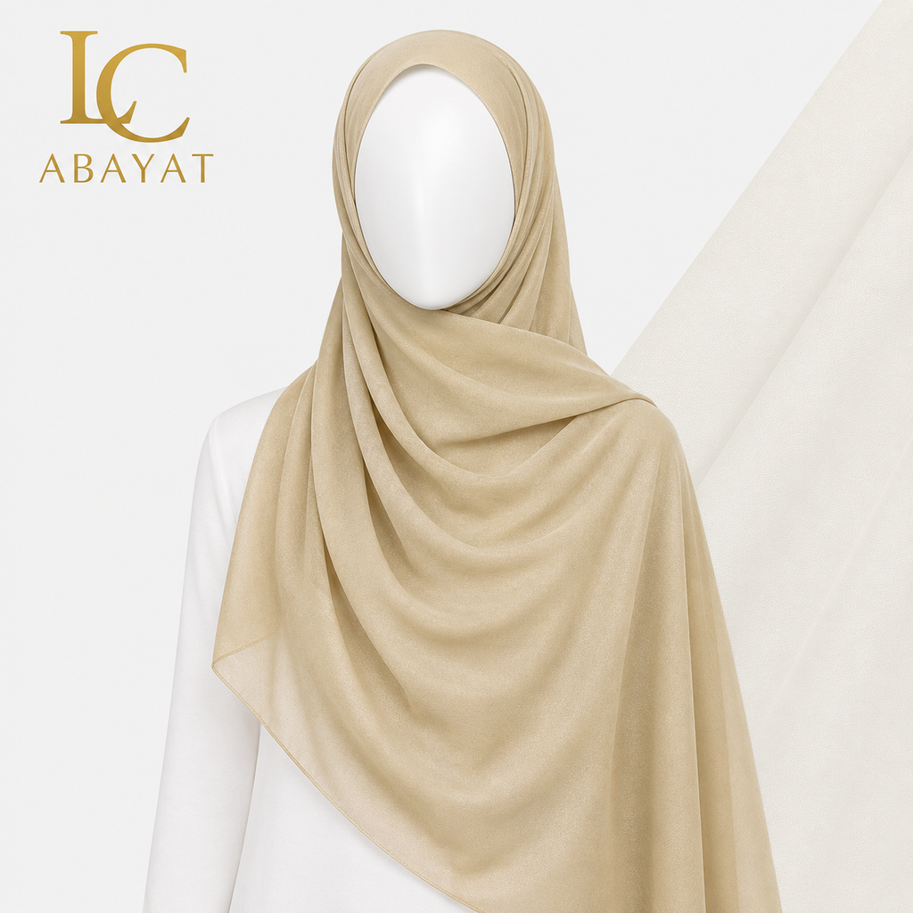 A beige hijab draped elegantly on a white mannequin, with the IC ABAYAT logo in the top-left corner and a matching fabric swatch in the background.