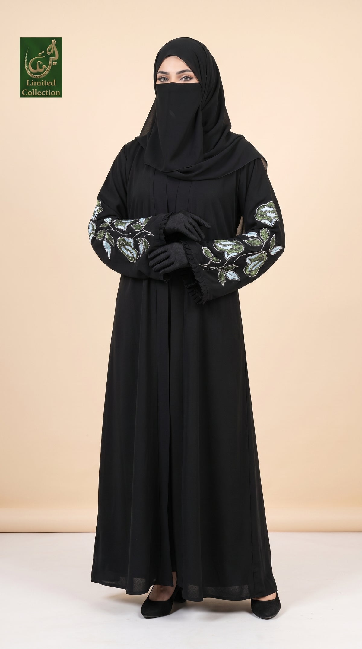 Front-Open Black Abaya with Rose Stone-Embroidered & Ruffled Cuffs | Premium Moss Chiffon Stonework Abaya