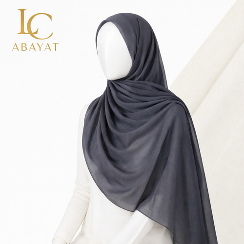 A dark charcoal gray hijab draped elegantly on a white mannequin torso, with the 'LC ABAYAT' logo in gold in the top-left corner.