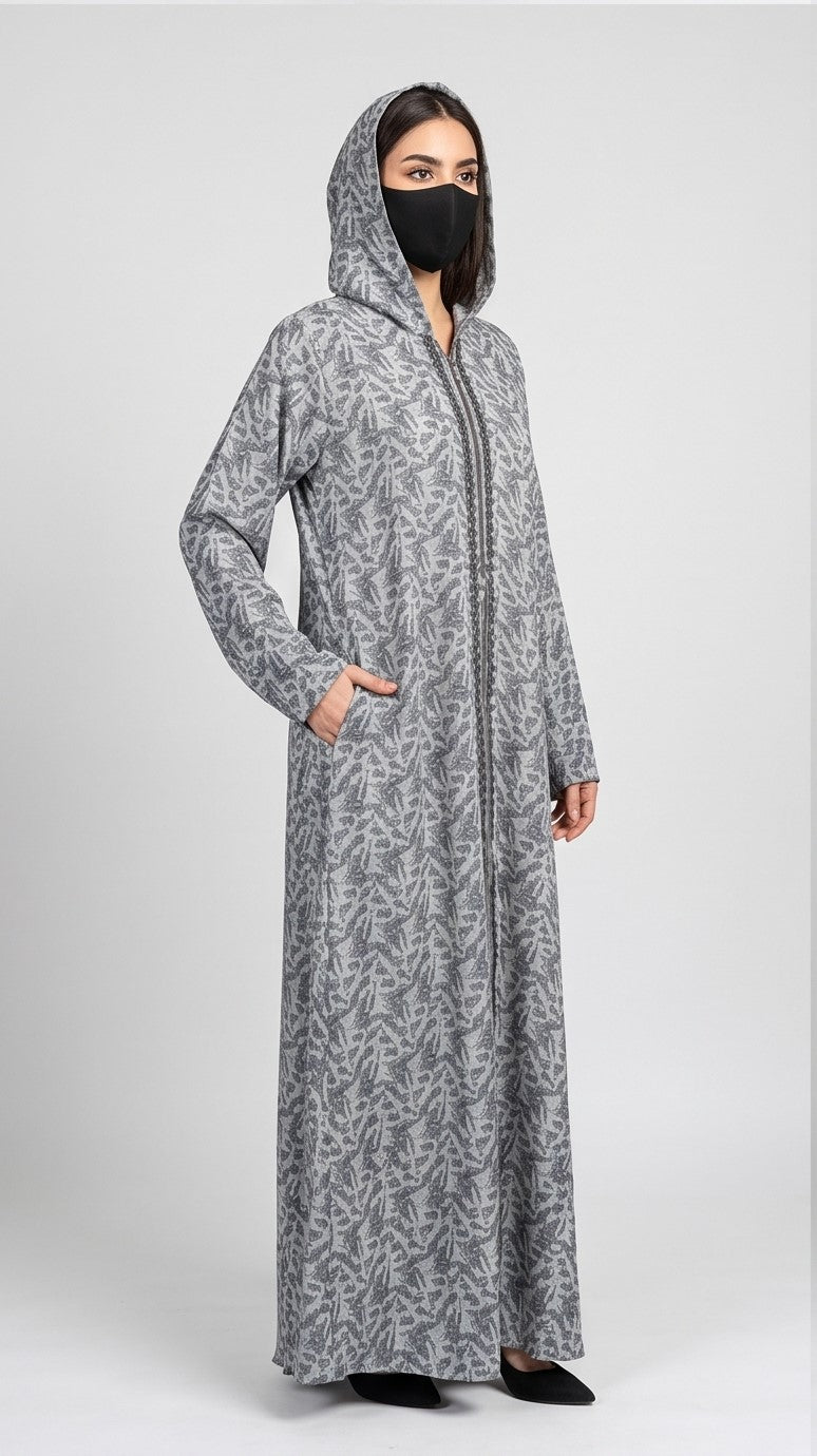 Front-Open Self Printed Hooded Abaya with Pockets | Premium Jacquard Hoodie Abaya