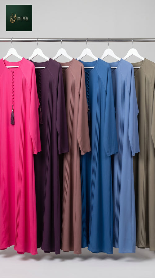 Front-Closed Maxi Abaya with Crystal Buttons & Tassel | Premium Romantic Nida Crystal Button & Tassel Colored Abaya