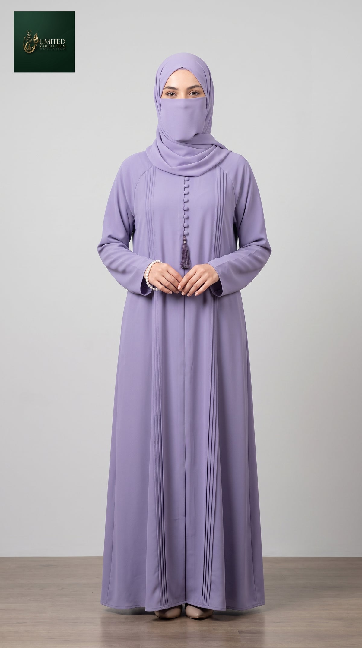 Front-Closed Maxi Abaya with Crystal Buttons & Tassel | Premium Romantic Nida Crystal Button & Tassel Colored Abaya
