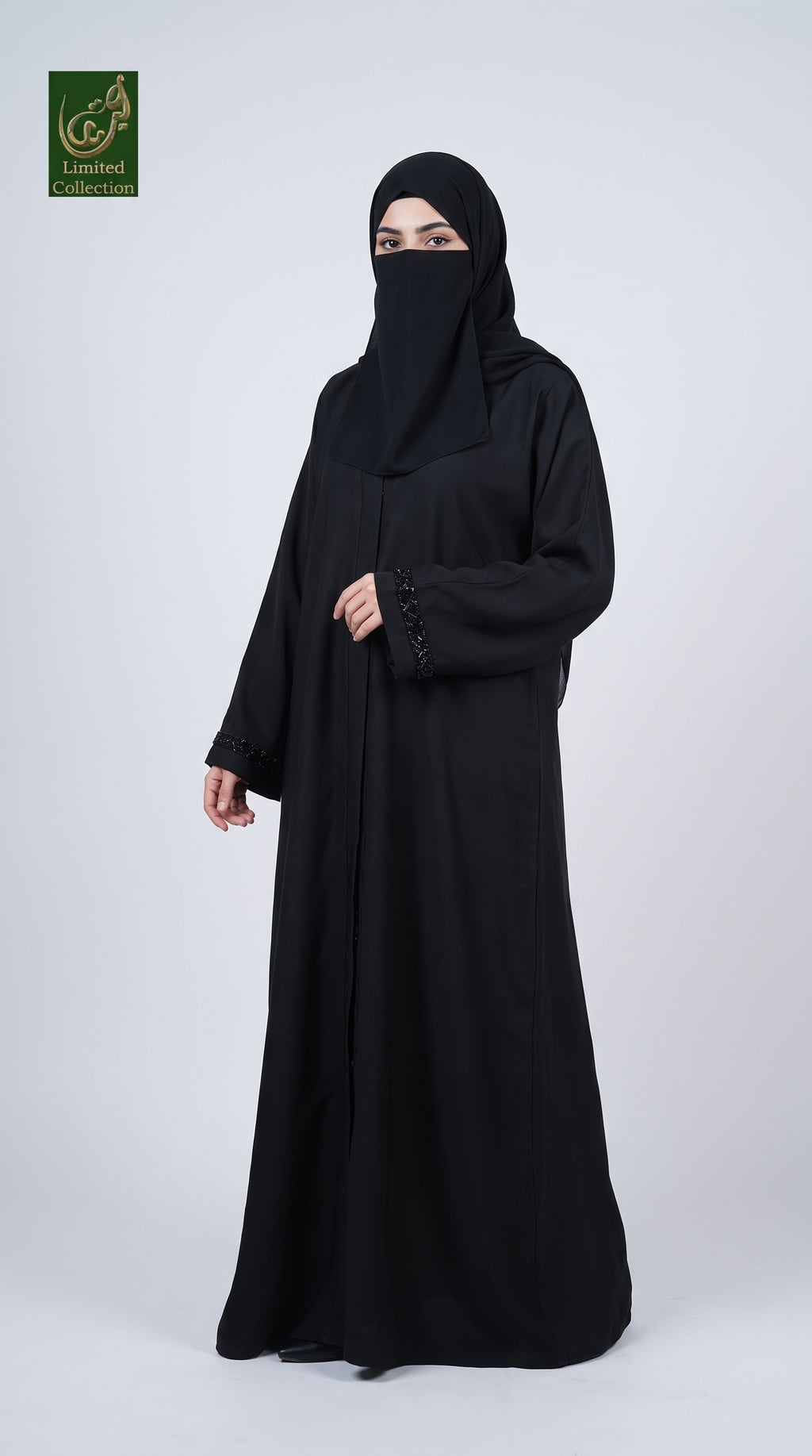 Front-Open Black Abaya with Cutdana Handwork on Cuffs | Premium Nida Black Handcrafted Cutdana Abaya
