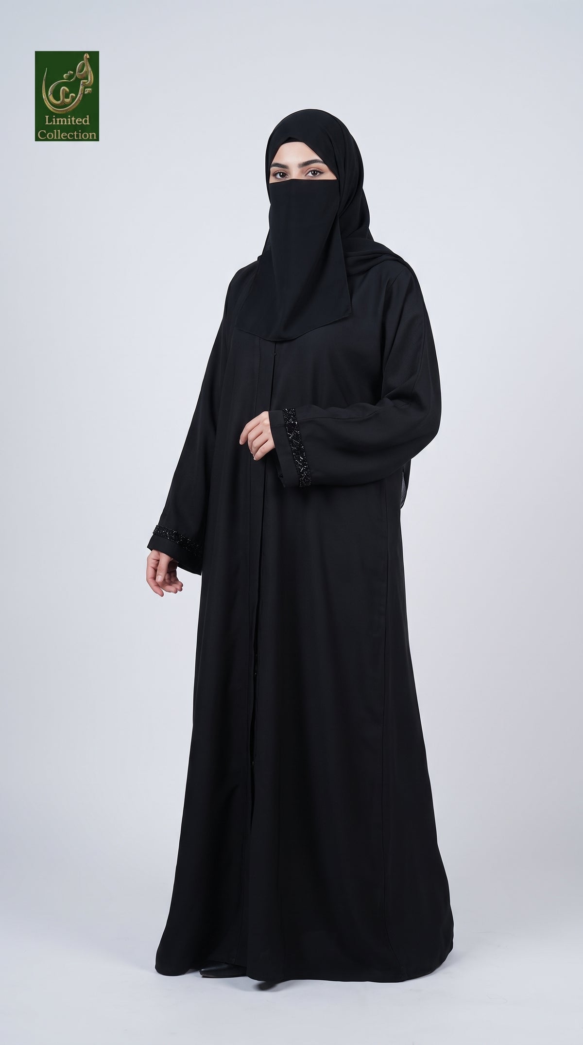Front-Open Black Abaya with Cutdana Handwork on Cuffs | Premium Nida Black Handcrafted Cutdana Abaya