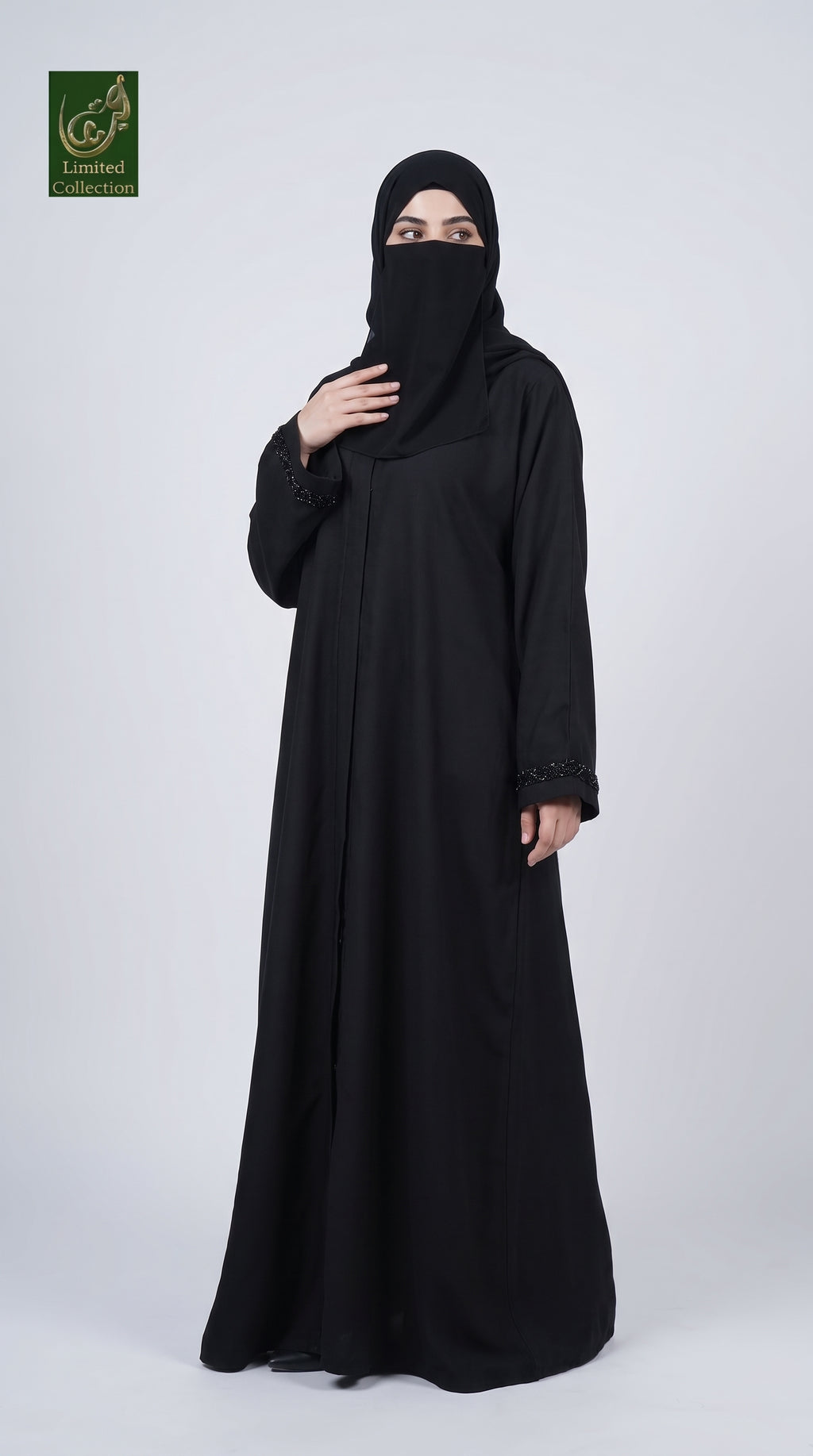 Front-Open Black Abaya with Cutdana Handwork on Cuffs | Premium Nida Black Handcrafted Cutdana Abaya
