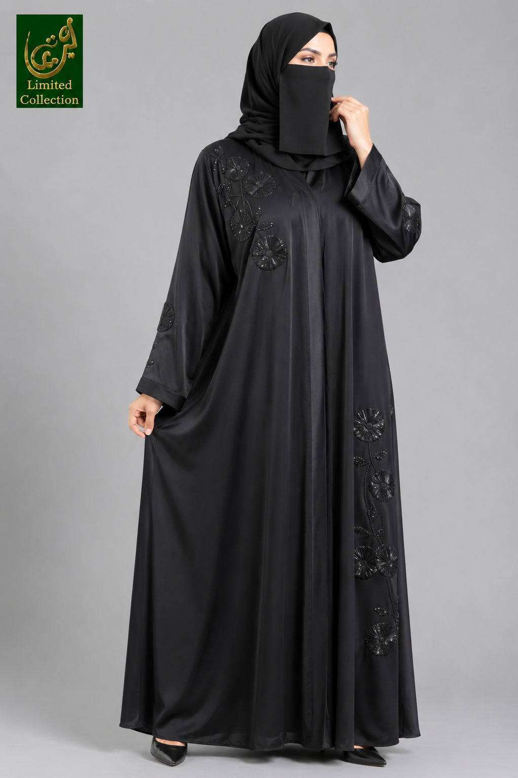 Front-Open Floral Tissue Beaded Handwork Black Abaya | Premium Romantic Nida Cutdana Floral Abaya