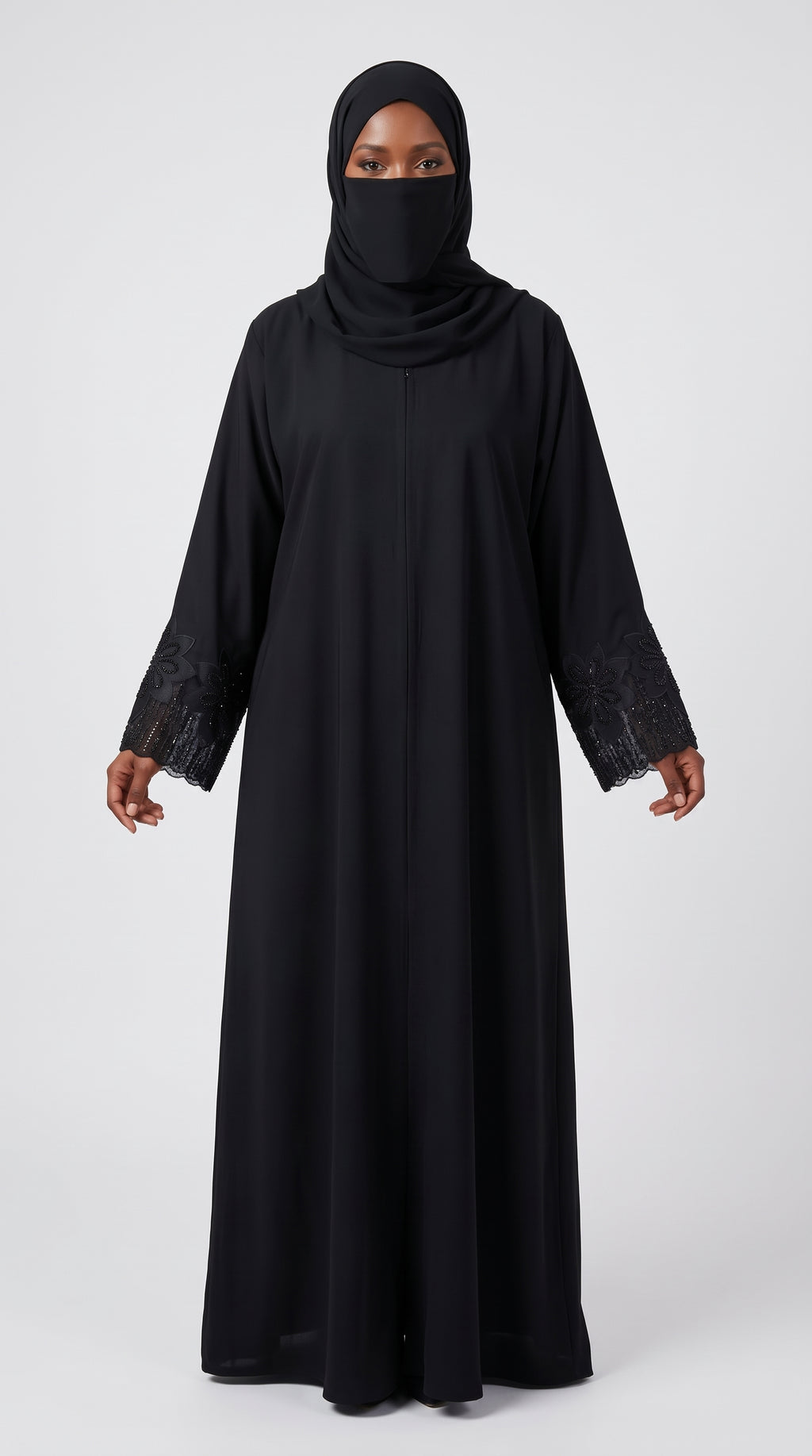 Front-Open Black Abaya with Floral Stonework Cuffs | Premium Nida Stone Embellished Black Abaya