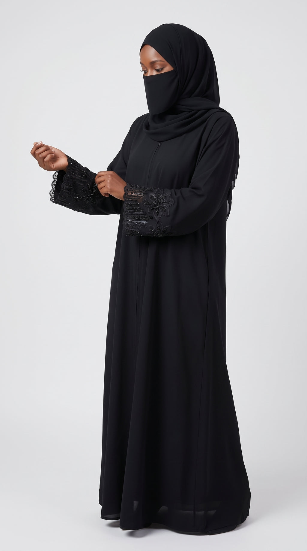Front-Open Black Abaya with Floral Stonework Cuffs | Premium Nida Stone Embellished Black Abaya