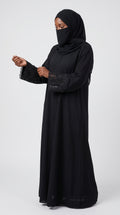 Front-Open Black Abaya with Floral Stonework Cuffs | Premium Nida Stone Embellished Black Abaya