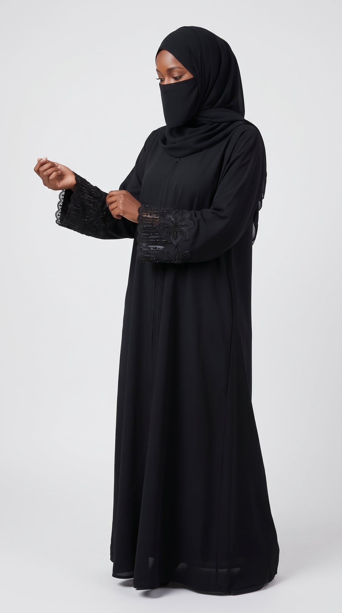 Front-Open Black Abaya with Floral Stonework Cuffs | Premium Nida Stone Embellished Black Abaya