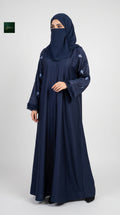 Front-Open Scattered Floral Embroidery Abaya with Fringe Cuffs | Premium Romantic Nida Colored Embroidered Abaya