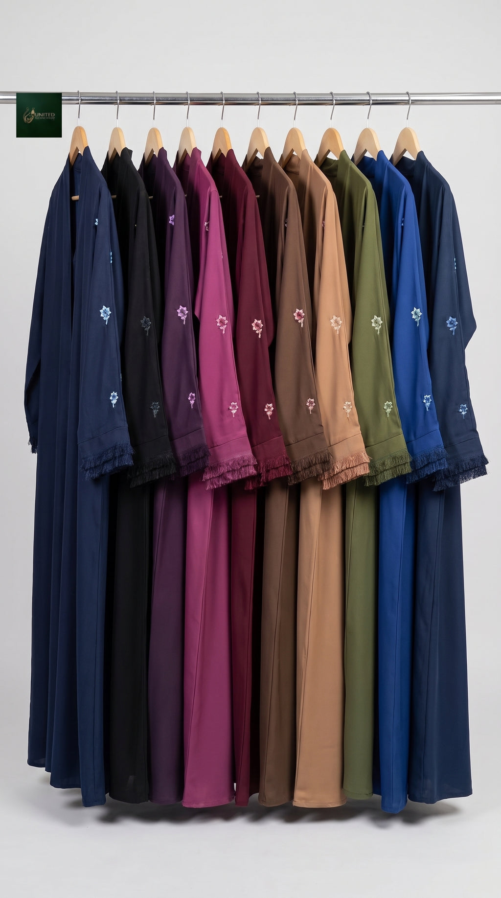Front-Open Scattered Floral Embroidery Abaya with Fringe Cuffs | Premium Romantic Nida Colored Embroidered Abaya