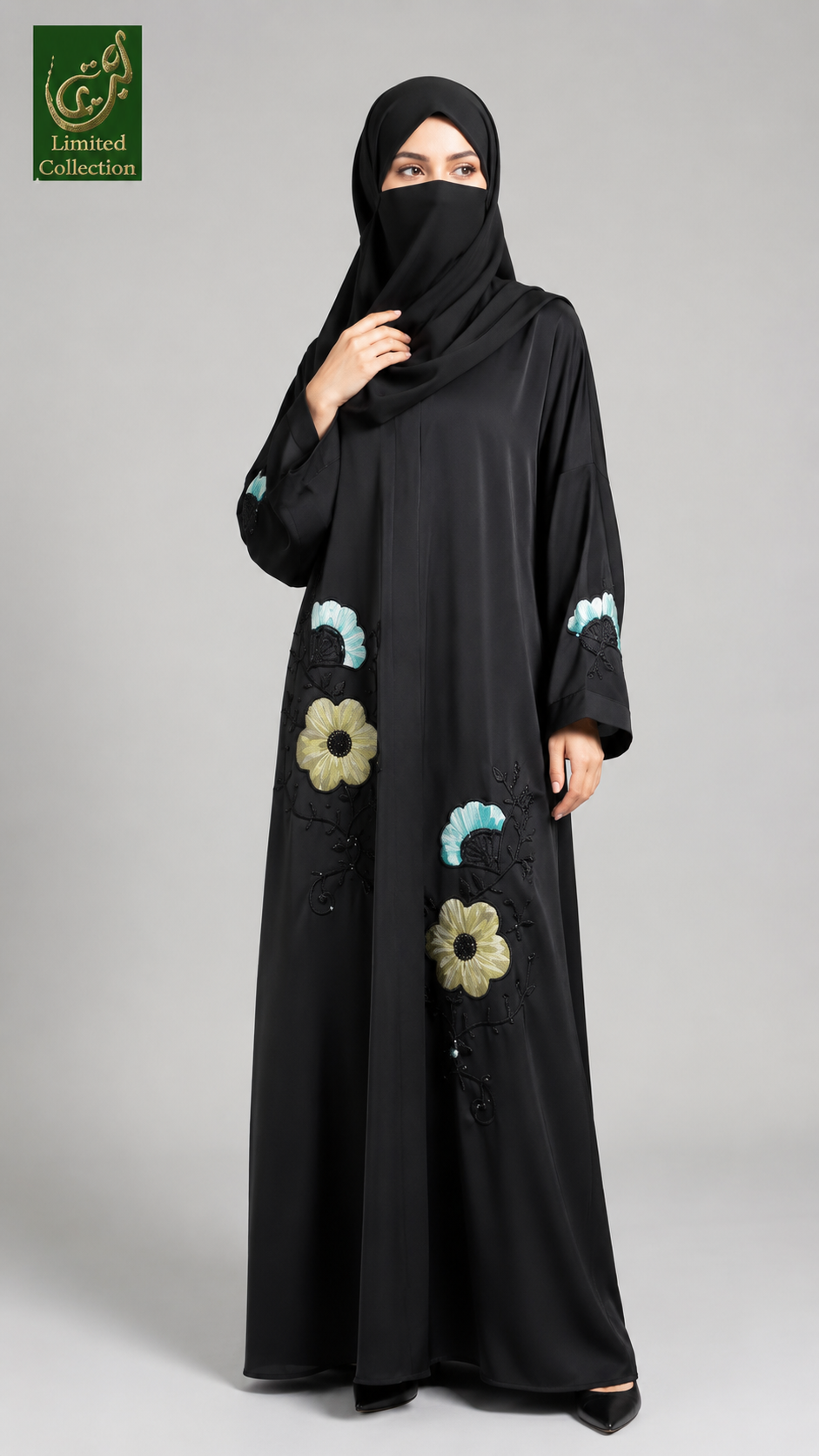 Front-Open Handcrafted Wildflower Tissue Cutdana Abaya | Premium Romantic Nida Floral Cutdana Handwork Abaya