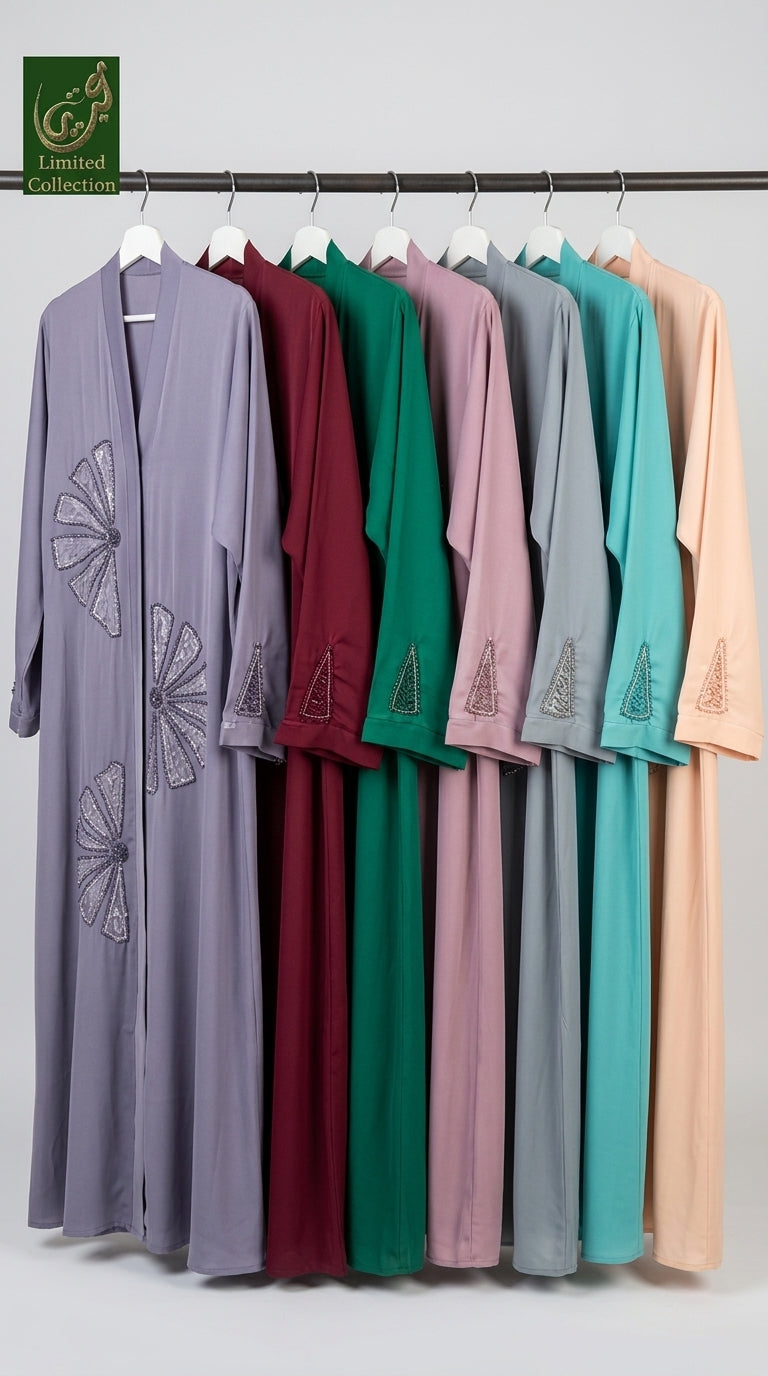 Front-Open Fan Cascade Cutdana Handwork Abaya | Premium Romantic Nida Cutdana Handwork Abaya