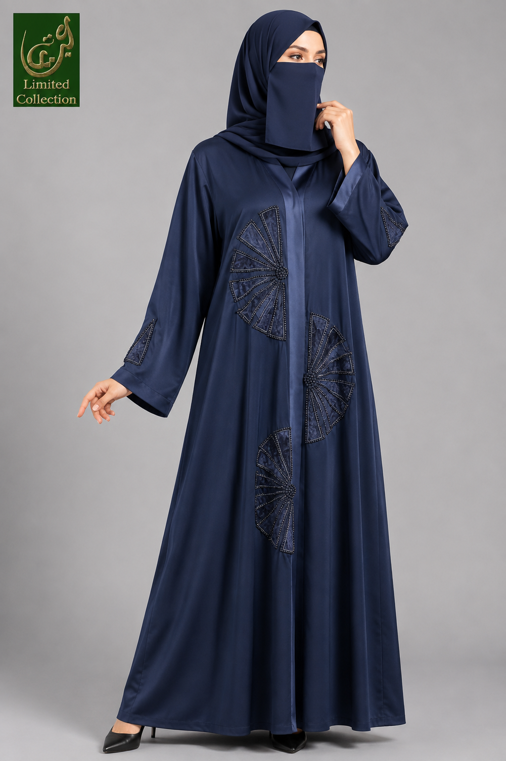 Front-Open Fan Cascade Cutdana Handwork Abaya | Premium Romantic Nida Cutdana Handwork Abaya