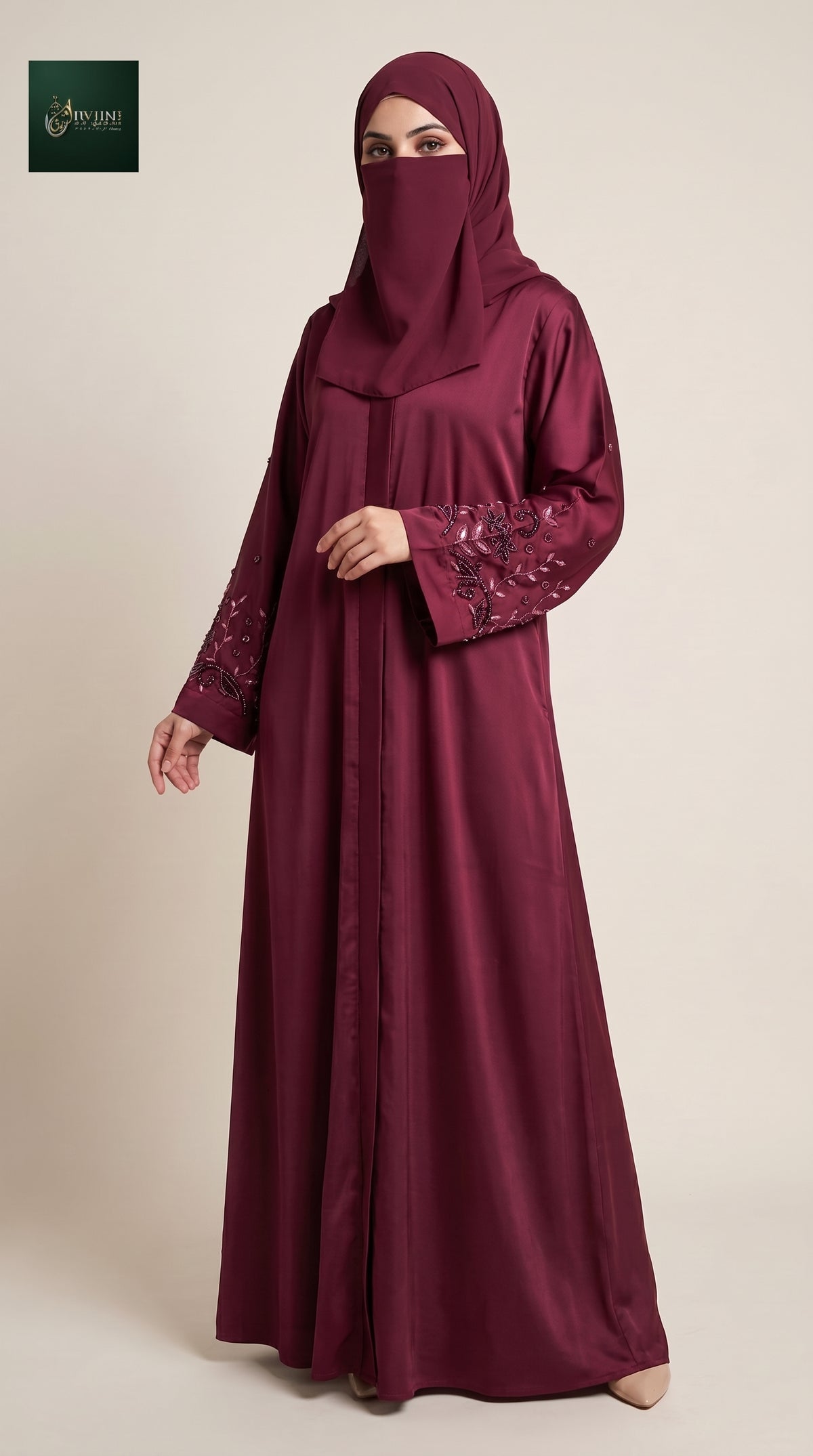 Front-Open Floral Vine Handcrafted Cutdana Abaya | Premium Romantic Nida Colored Handwork Cutdana Abaya