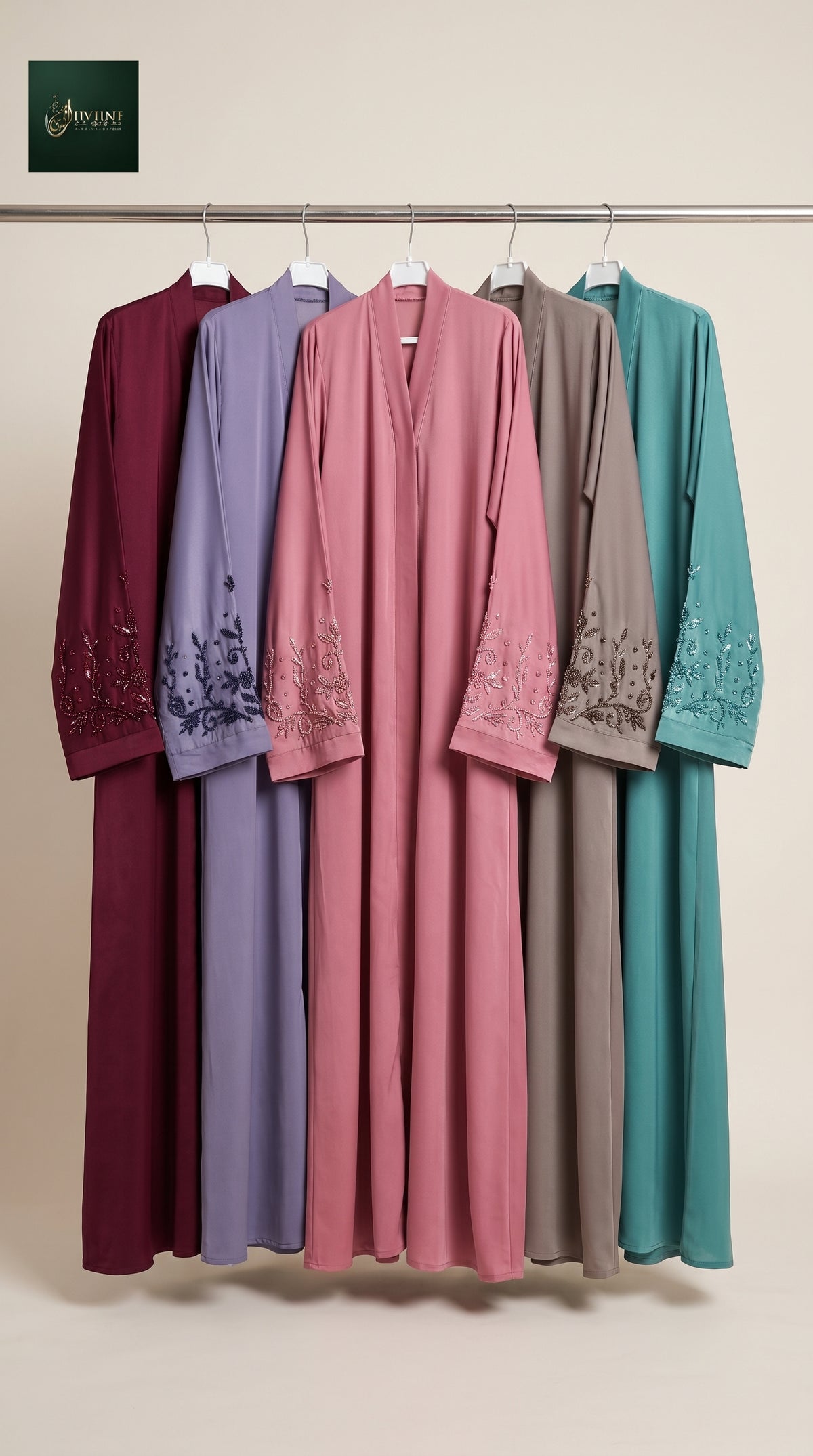 Front-Open Floral Vine Handcrafted Cutdana Abaya | Premium Romantic Nida Colored Handwork Cutdana Abaya