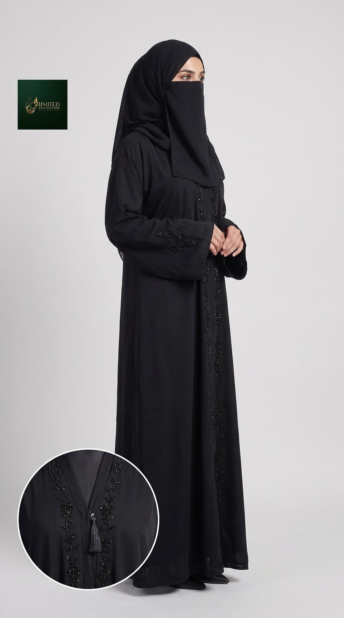 Front-Open Black Vine Handcrafted Cutdana Abaya with Tassels | Premium Romantic Nida Handwork Cutdana Black Abaya