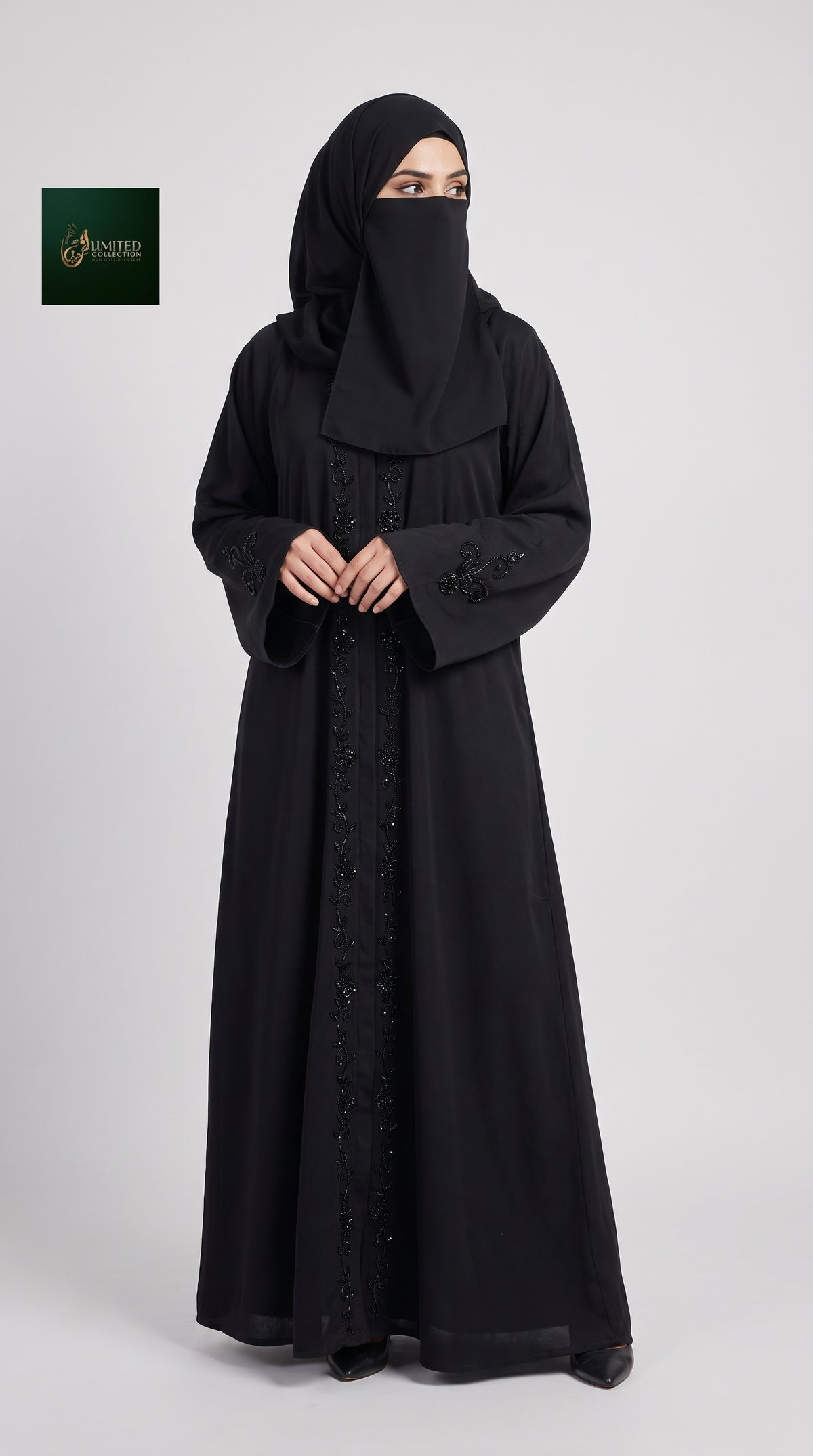 Front-Open Black Vine Handcrafted Cutdana Abaya with Tassels | Premium Romantic Nida Handwork Cutdana Black Abaya