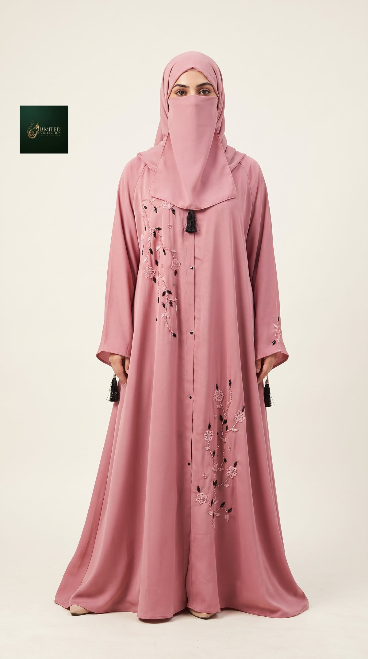 Front-Open Long Flared Abaya with Floral Vine Cutdana Handwork & Tassels | Premium Romantic Nida Handwork Cutdana Colored Abaya