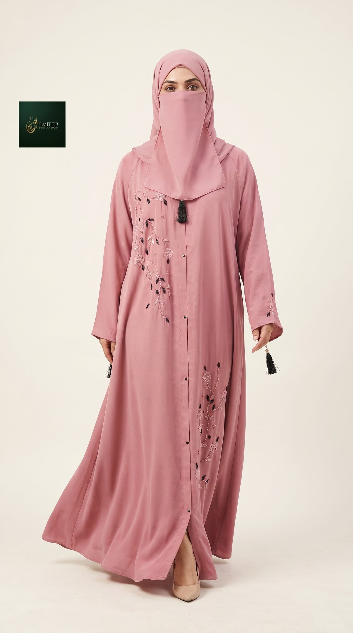 Front-Open Long Flared Abaya with Floral Vine Cutdana Handwork & Tassels | Premium Romantic Nida Handwork Cutdana Colored Abaya