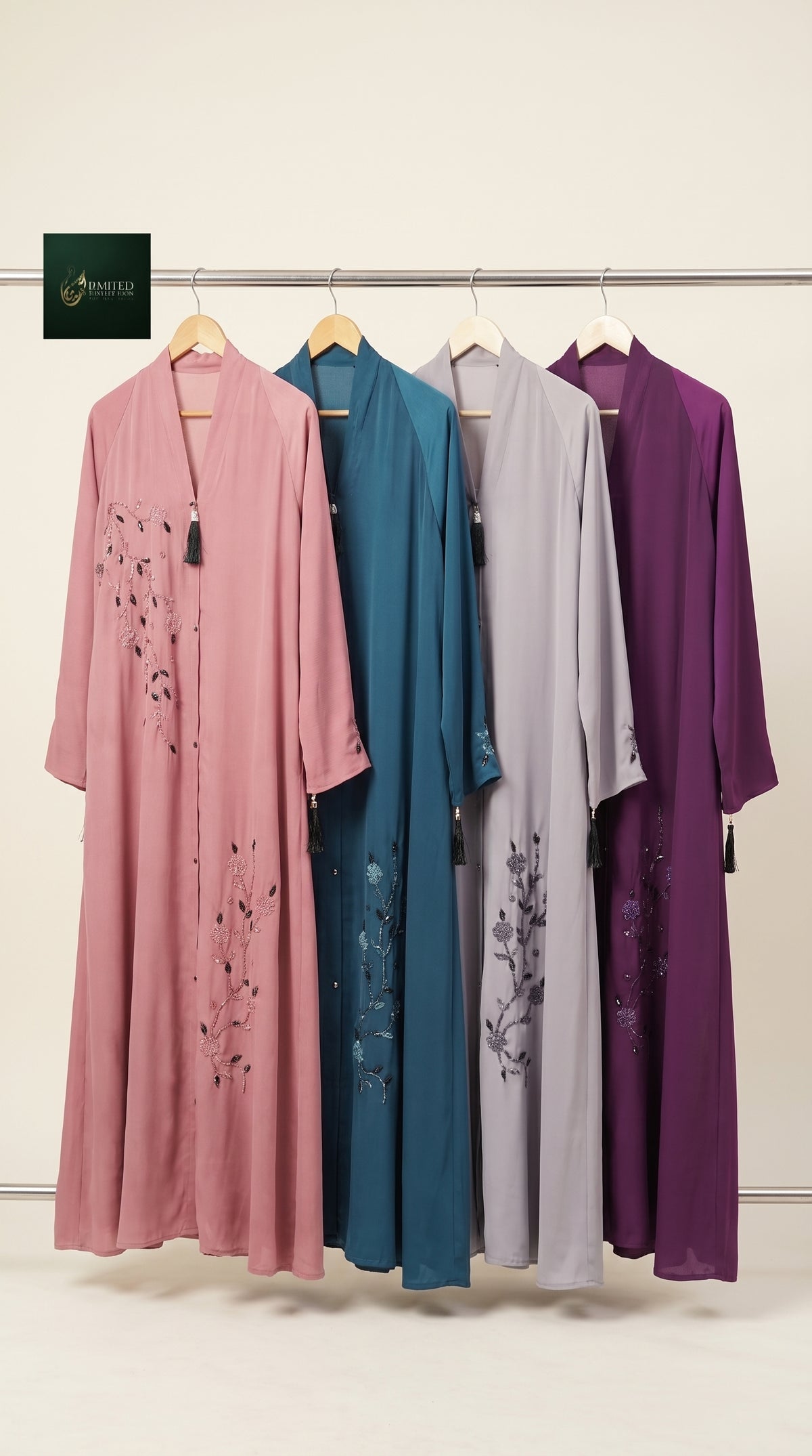 Front-Open Long Flared Abaya with Floral Vine Cutdana Handwork & Tassels | Premium Romantic Nida Handwork Cutdana Colored Abaya