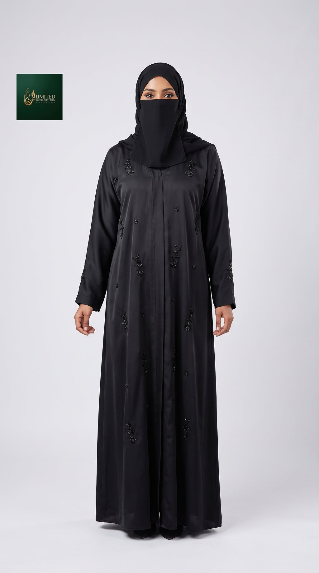 Front-Open Black Abaya with Scattered Sprig Cutdana Handwork | Premium Romantic Nida Handwork Cutdana Black Abaya