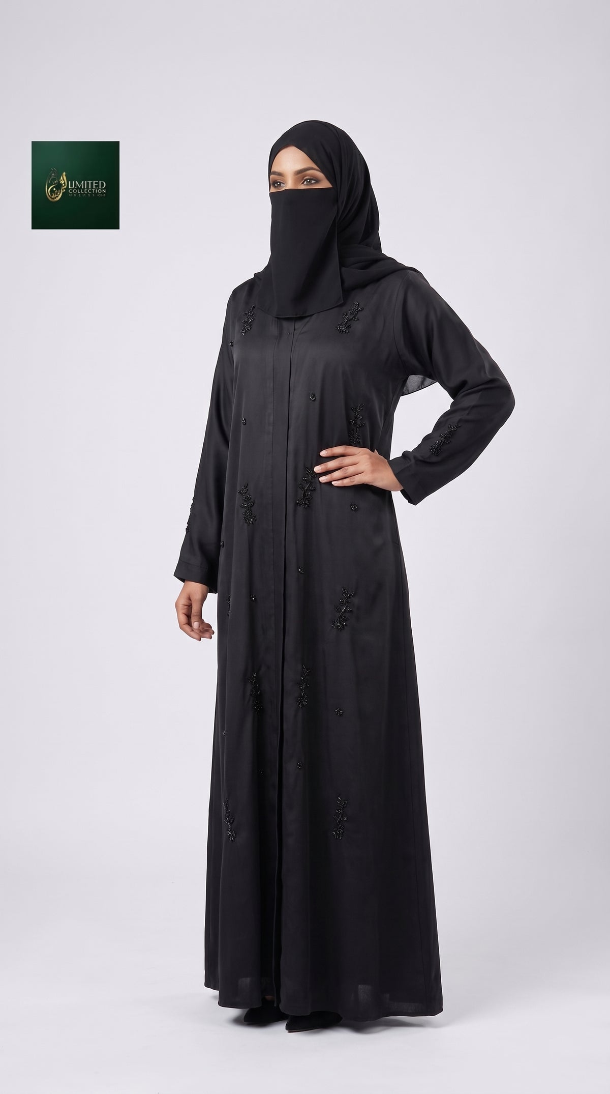 Front-Open Black Abaya with Scattered Sprig Cutdana Handwork | Premium Romantic Nida Handwork Cutdana Black Abaya