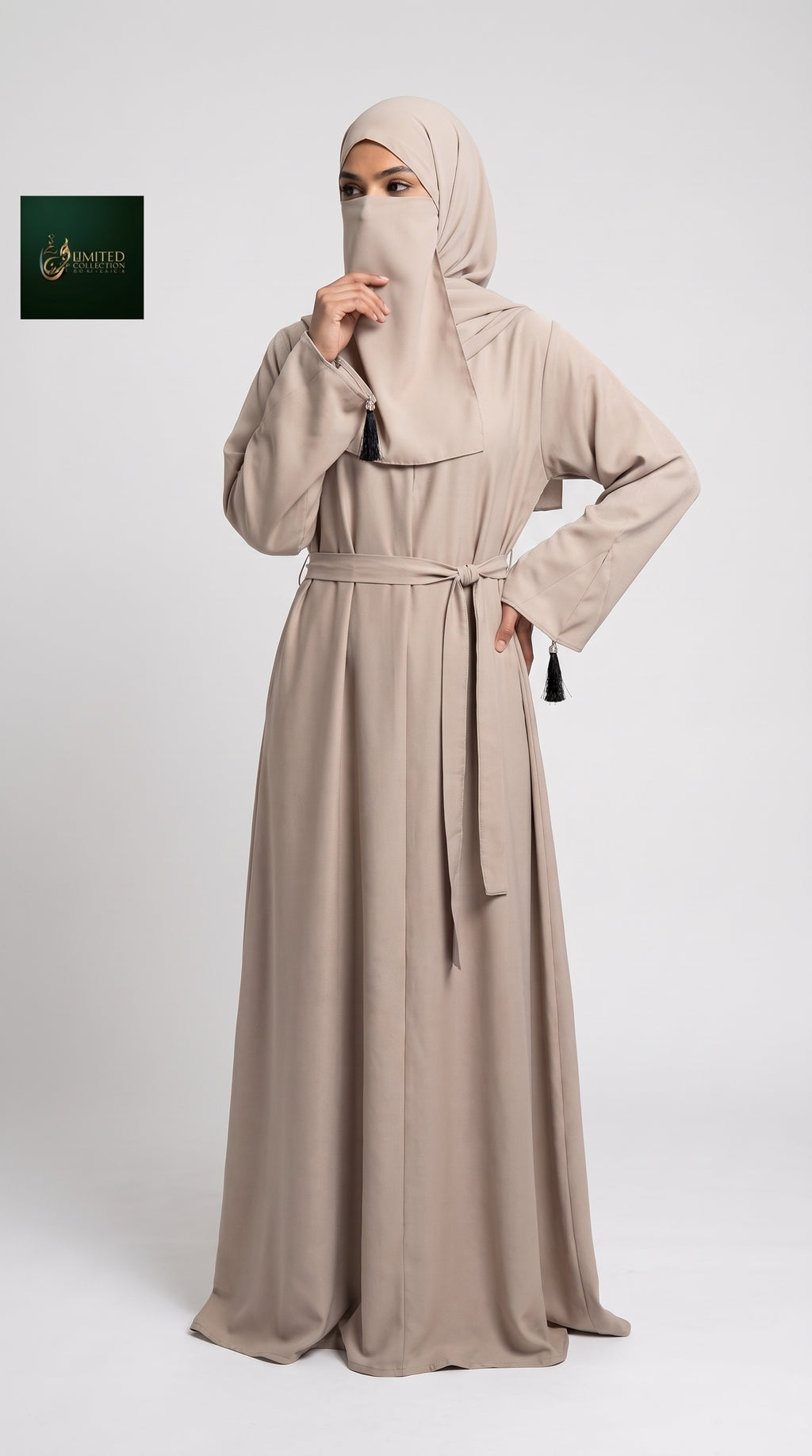 Front-Closed Plain Maxi Abaya with Belt | Premium Nida Plain Belted Maxi Abaya with Tasseled Cuff