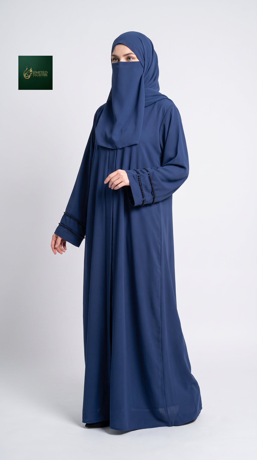 Front-Open Abaya with Cutdana Handwork Cuffs | Premium Korean Nida Handcrafted Cutdana Abaya