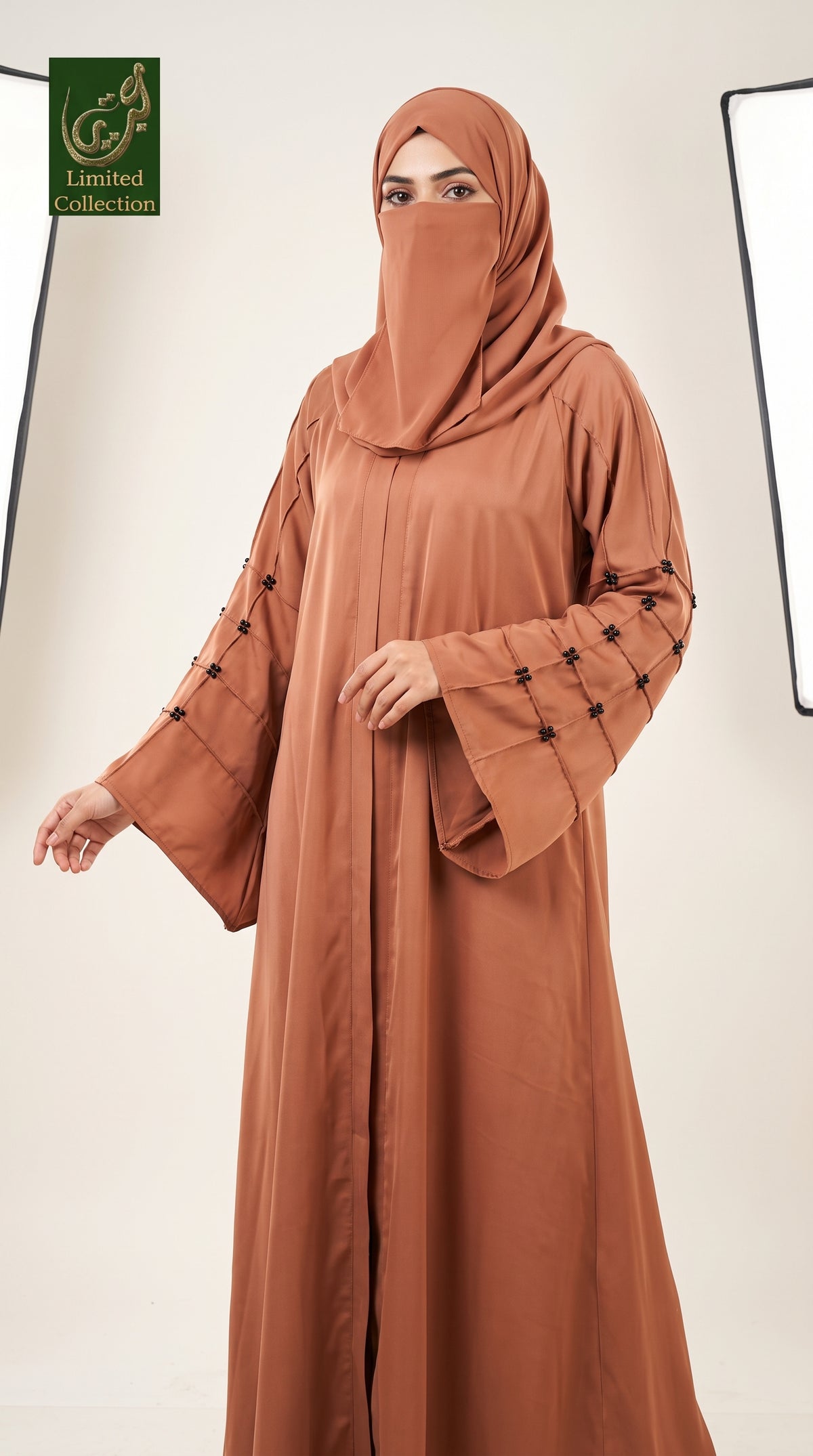 Front-Open Long Flare Abaya with Cutdana Handwork | Premium Nida Handcrafted Beaded Abaya