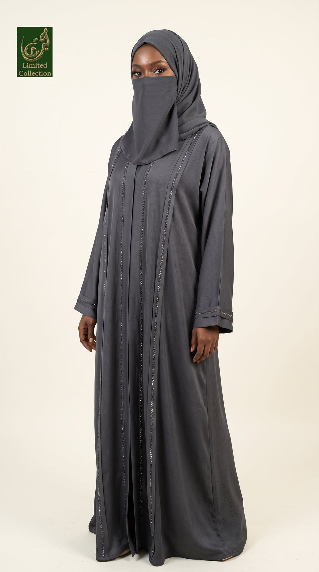 Front-Open Abaya with Stonework Panel | Premium Romantic Nida Colored Stonework Abaya