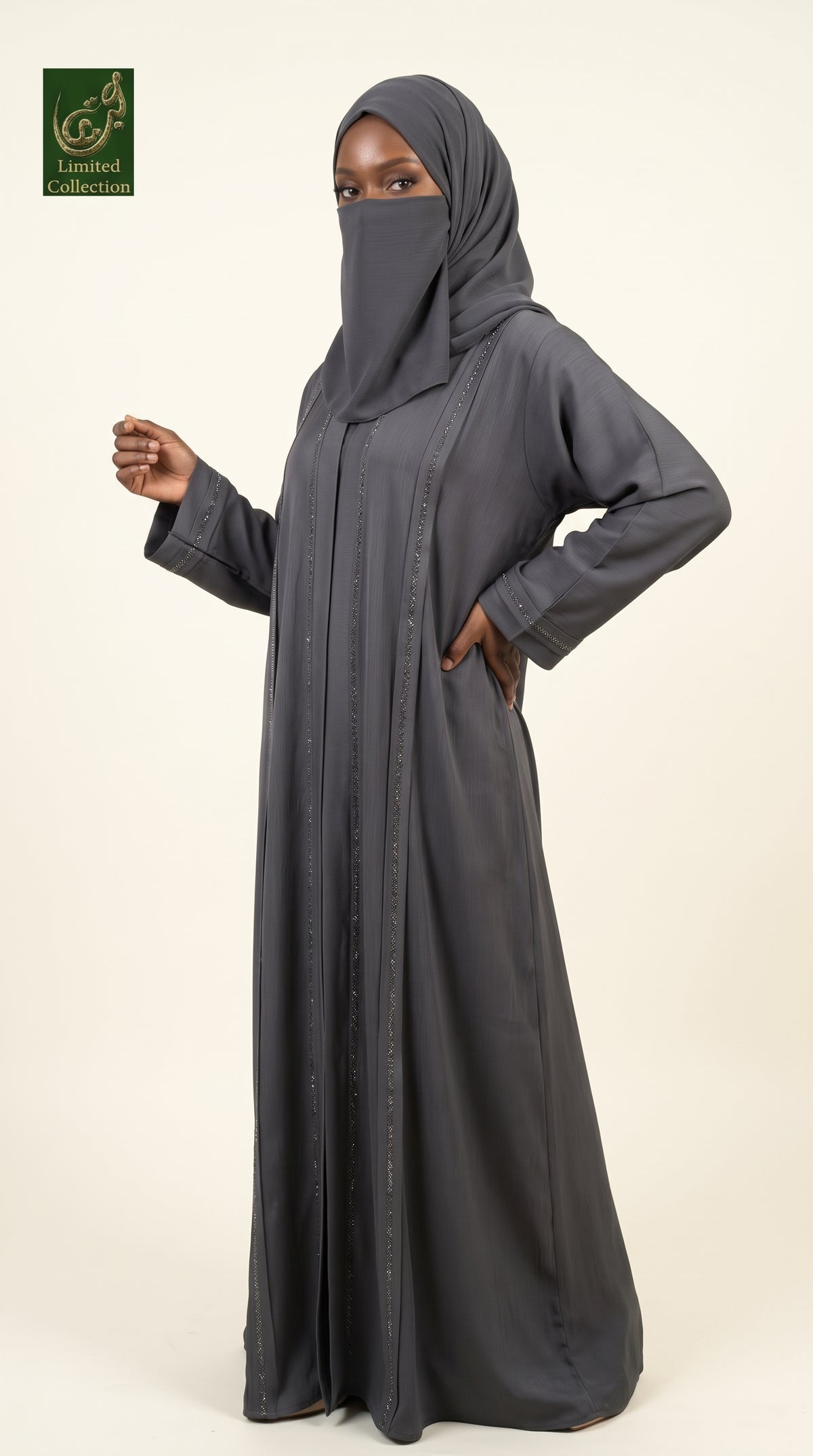 Front-Open Abaya with Stonework Panel | Premium Romantic Nida Colored Stonework Abaya