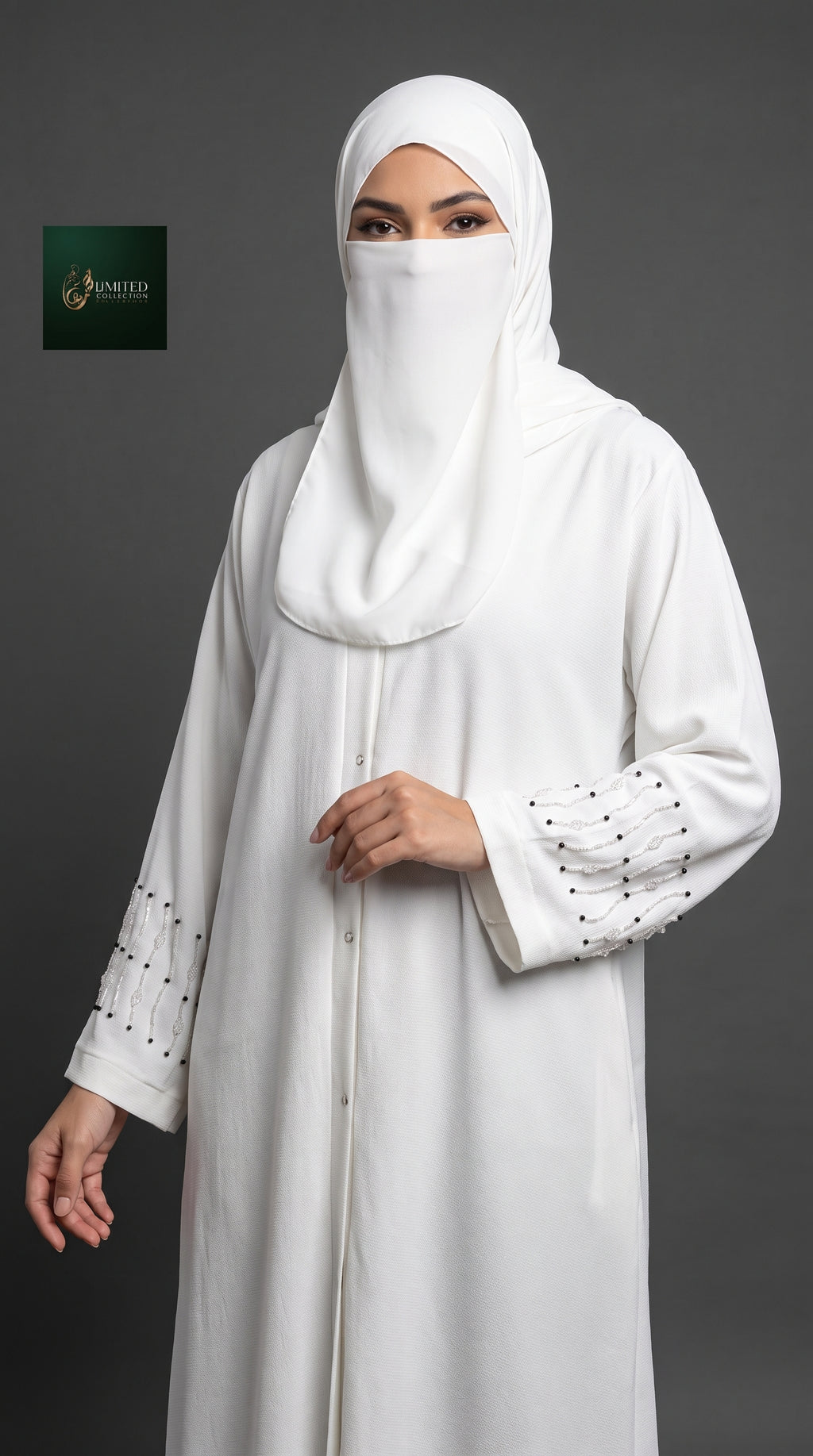 Front-Open Abaya with Cutdana Handwork on Cuffs | Premium Cey Handcrafted Cutdana Colored Abaya