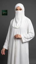 Front-Open Abaya with Cutdana Handwork on Cuffs | Premium Cey Handcrafted Cutdana Colored Abaya