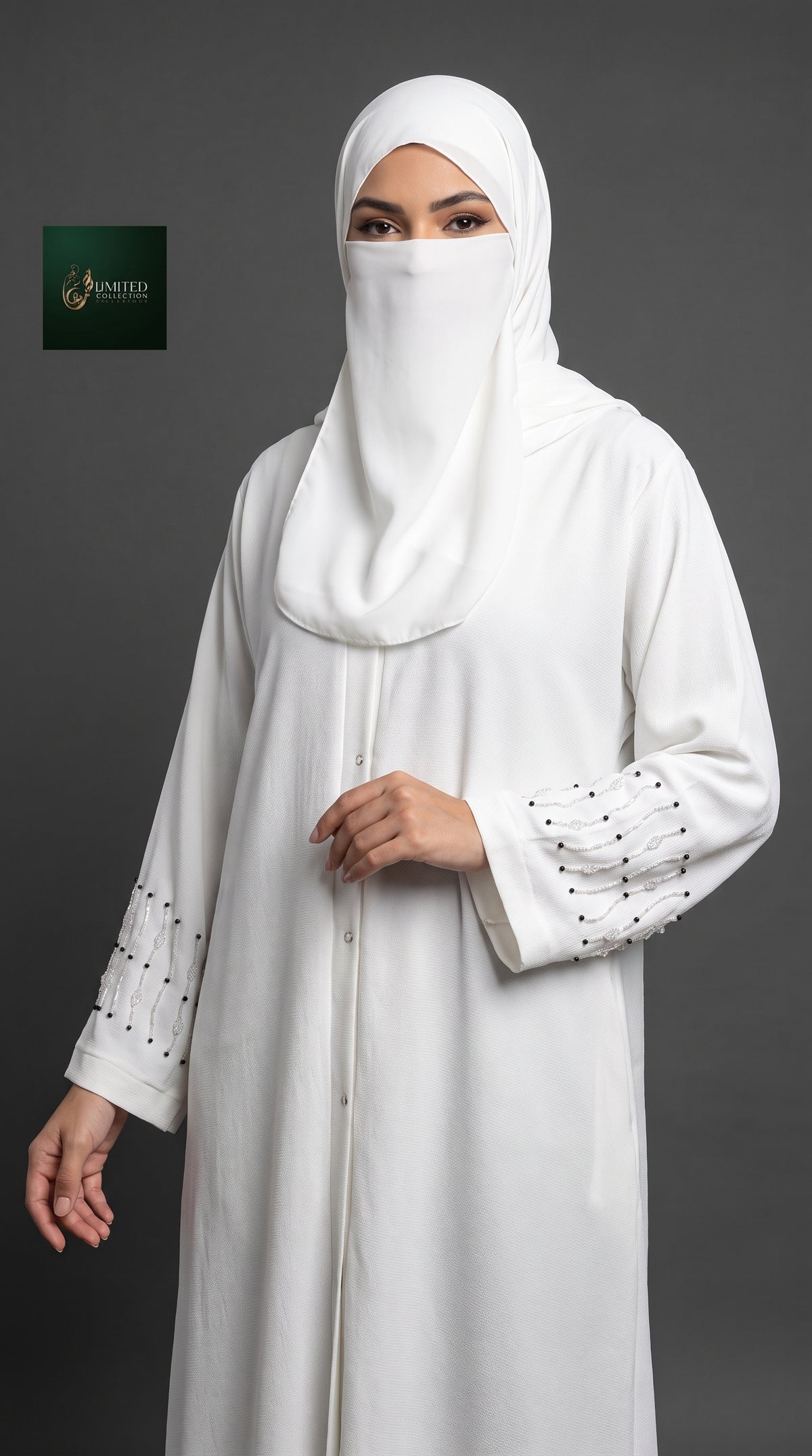 Front-Open Abaya with Cutdana Handwork on Cuffs | Premium Cey Handcrafted Cutdana Colored Abaya
