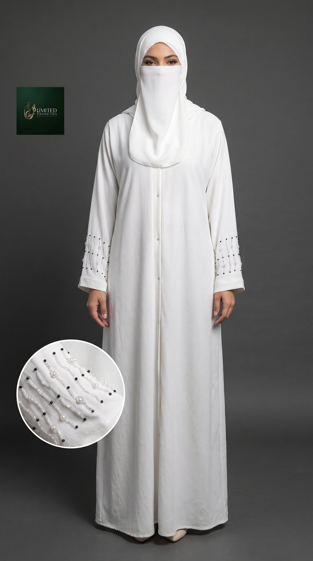 Front-Open Abaya with Cutdana Handwork on Cuffs | Premium Cey Handcrafted Cutdana Colored Abaya
