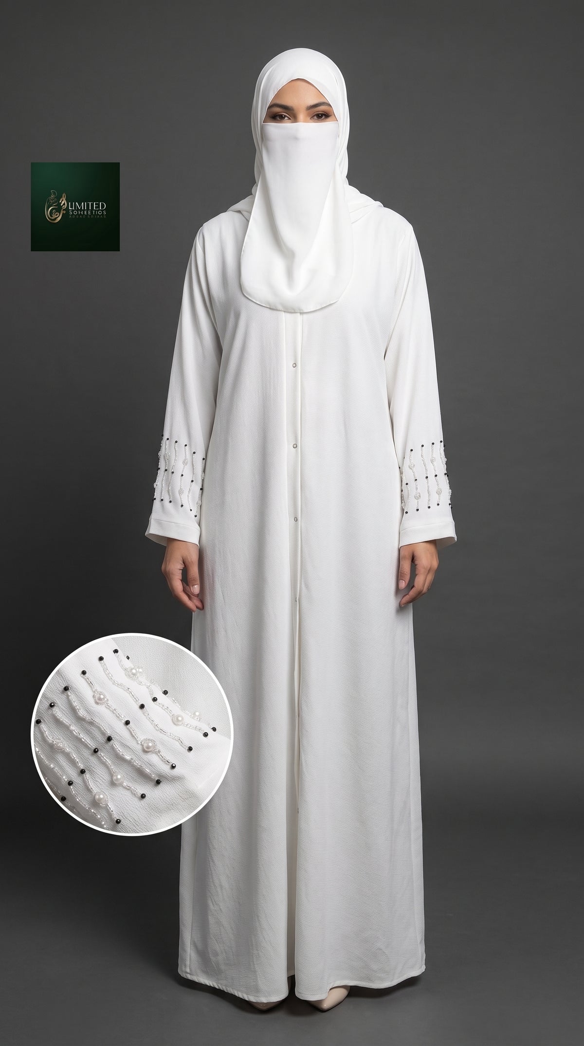 Front-Open Abaya with Cutdana Handwork on Cuffs | Premium Cey Handcrafted Cutdana Colored Abaya