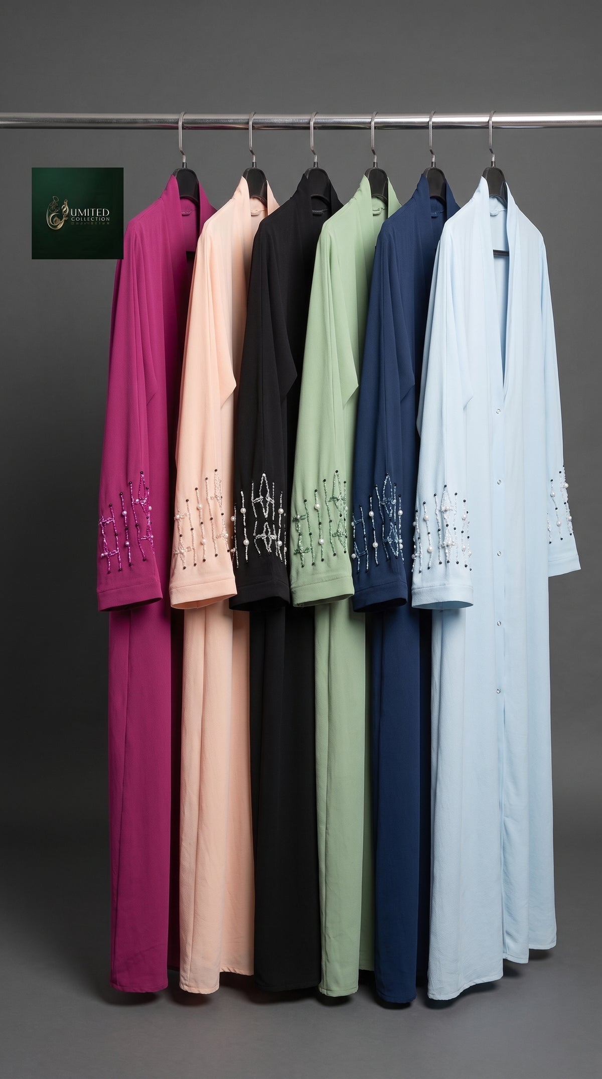 Front-Open Abaya with Cutdana Handwork on Cuffs | Premium Cey Handcrafted Cutdana Colored Abaya