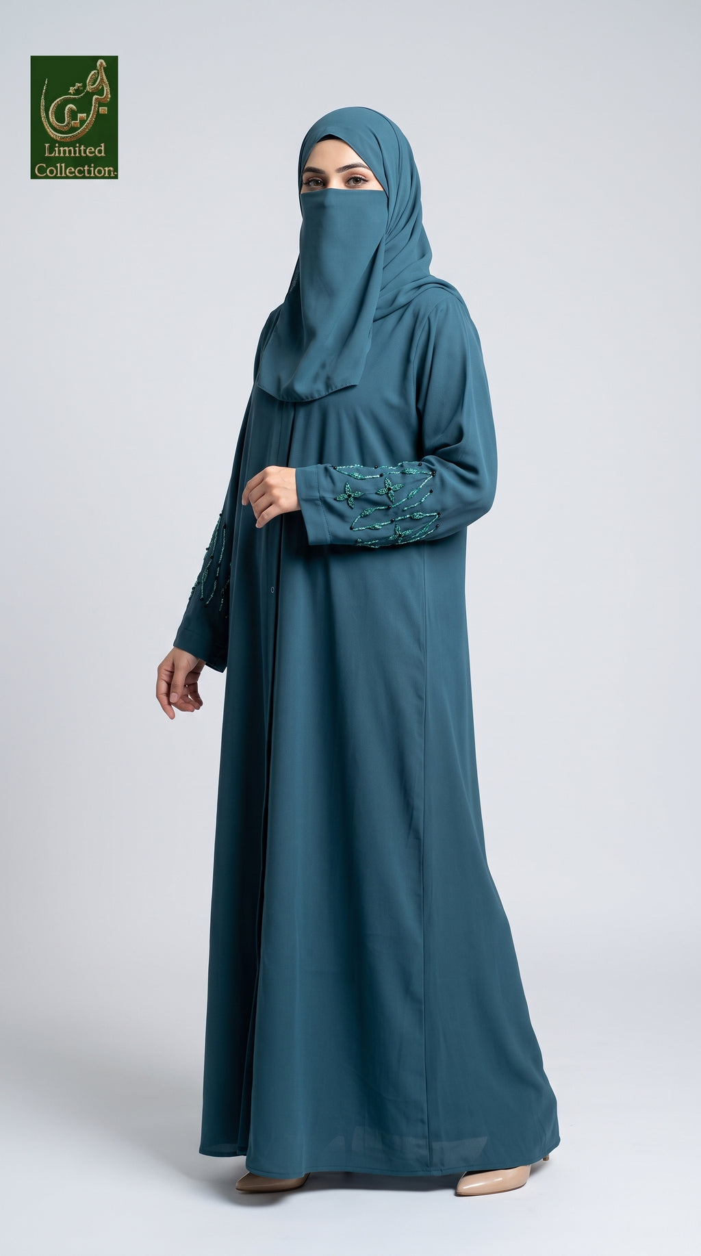 Front-Open Handwork Cutdana Abaya | Premium Moss Chiffon Handcrafted Cutdana Colored Abaya